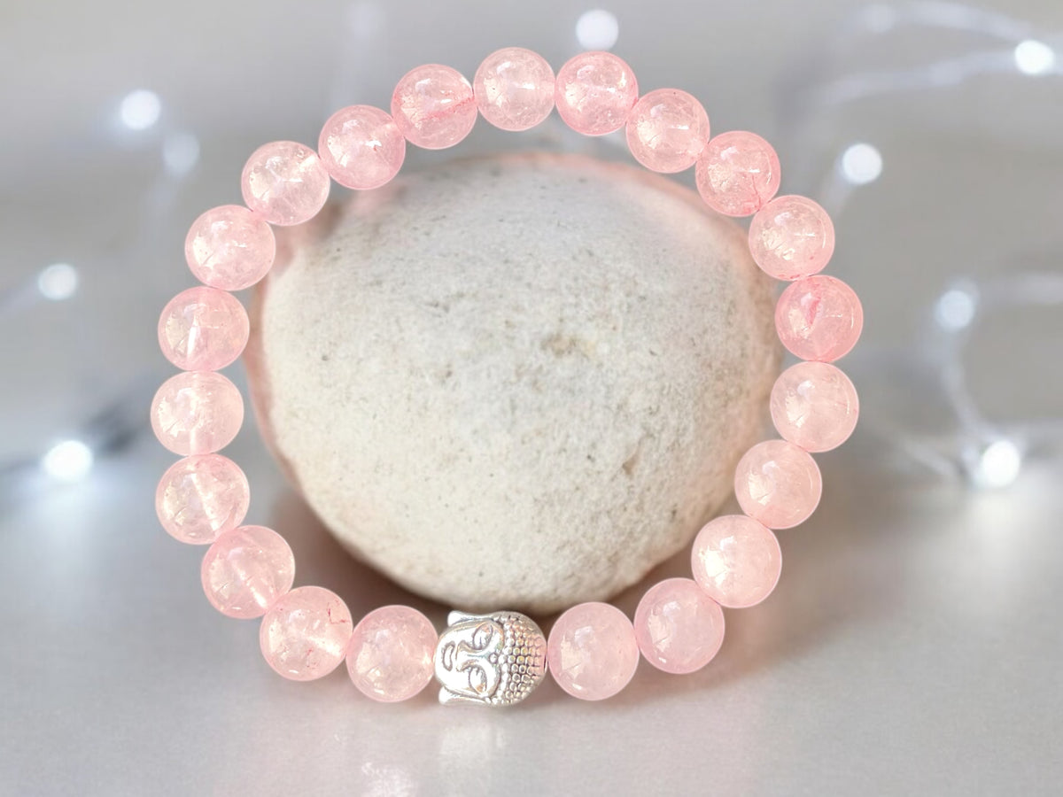 Echtes Rosenquarz Perlenarmband 8mm mit versilberter Edelstahl Buddha Perle - handgefertigt - Madagaskar