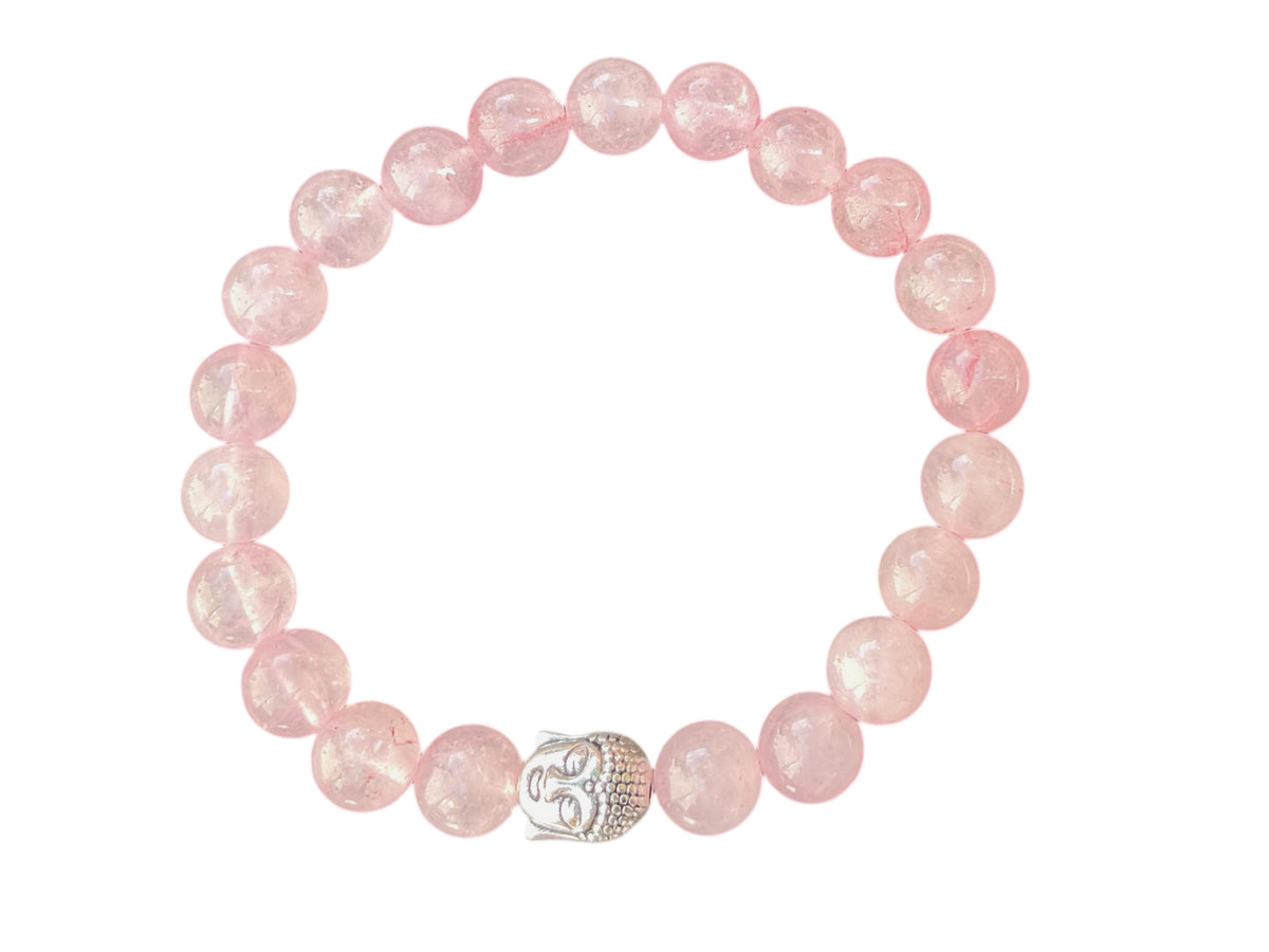 Echtes Rosenquarz Perlenarmband 8mm mit versilberter Edelstahl Buddha Perle - handgefertigt - Madagaskar