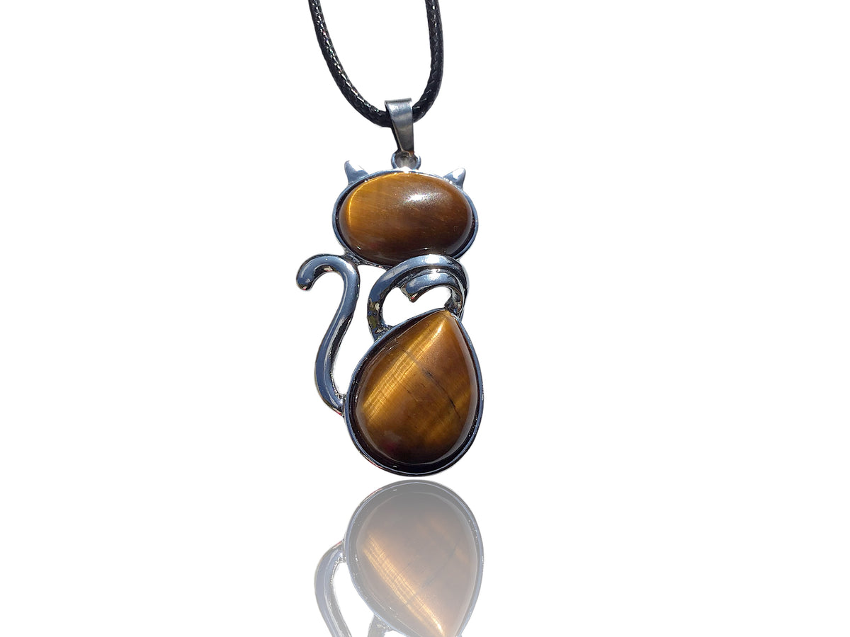 Für Katzenliebhaber <3 Steinfixx® - Edelstein Kette mit Katzen Anhänger | doppelte Edelsteine | Edelstahl versilbert | für Katzenliebhaber |farbintensiv | Sale