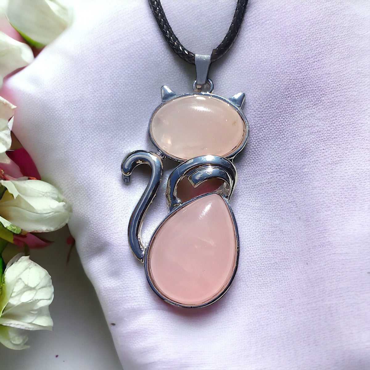 Für Katzenliebhaber <3 Steinfixx® - Edelstein Kette mit Katzen Anhänger | doppelte Edelsteine | Edelstahl versilbert | für Katzenliebhaber |farbintensiv | Sale