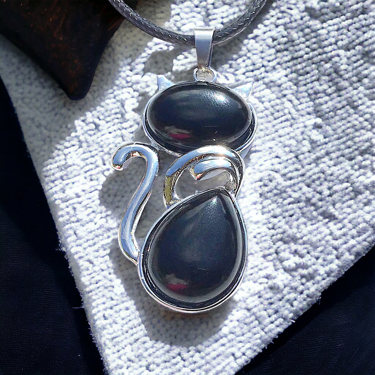 Für Katzenliebhaber <3 Steinfixx® - Edelstein Kette mit Katzen Anhänger | doppelte Edelsteine | Edelstahl versilbert | für Katzenliebhaber |farbintensiv | Sale