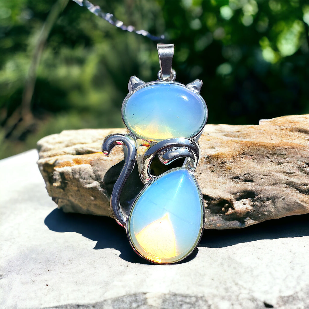 Für Katzenliebhaber <3 Steinfixx® - Edelstein Kette mit Katzen Anhänger | doppelte Edelsteine | Edelstahl versilbert | für Katzenliebhaber |farbintensiv | Sale