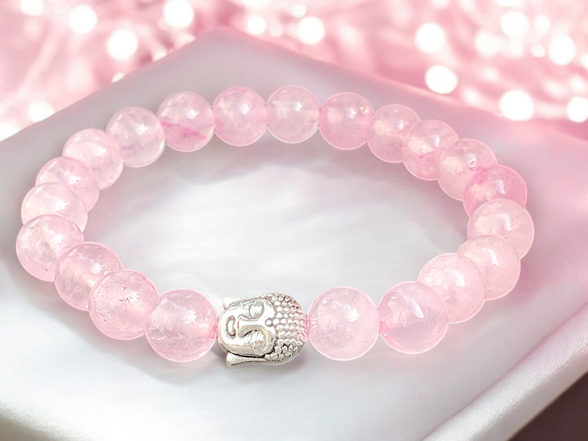 Echtes Rosenquarz Perlenarmband 8mm mit versilberter Edelstahl Buddha Perle - handgefertigt - Madagaskar