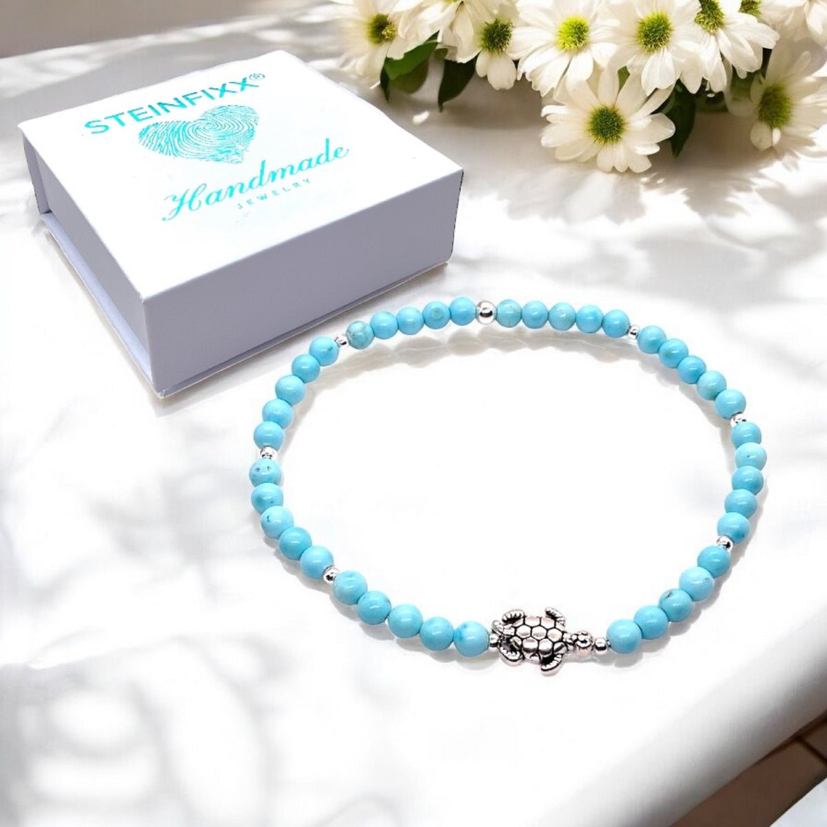 Echtes Perlenarmband 4mm mit Schildkröte - Türkis, rotes Tigerauge, blauer Achat, Shoushan Stone oder Selenit - handgefertigt in Deutschland - inkl. Geschenkbox