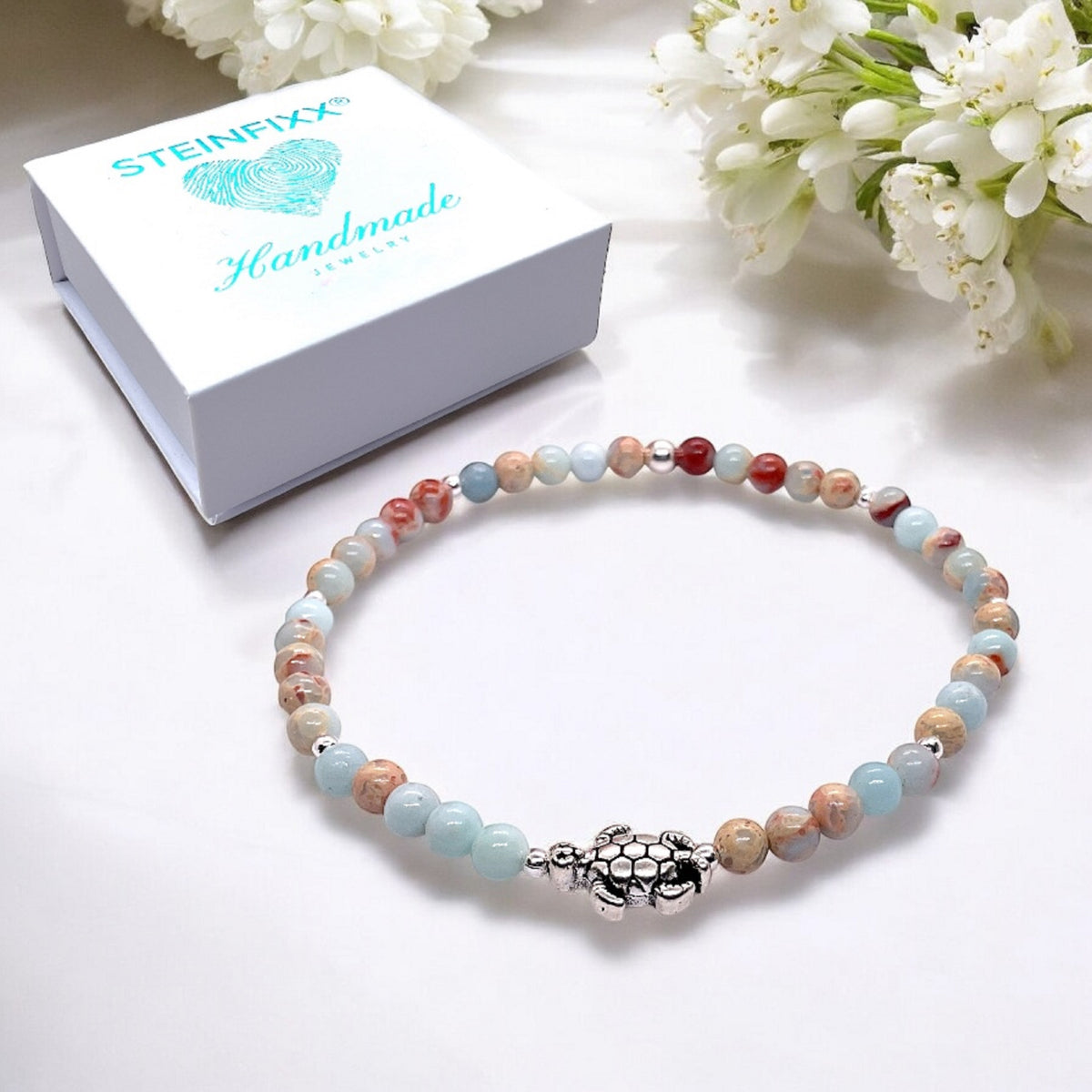 Echtes Perlenarmband 4mm mit Schildkröte - Türkis, rotes Tigerauge, blauer Achat, Shoushan Stone oder Selenit - handgefertigt in Deutschland - inkl. Geschenkbox