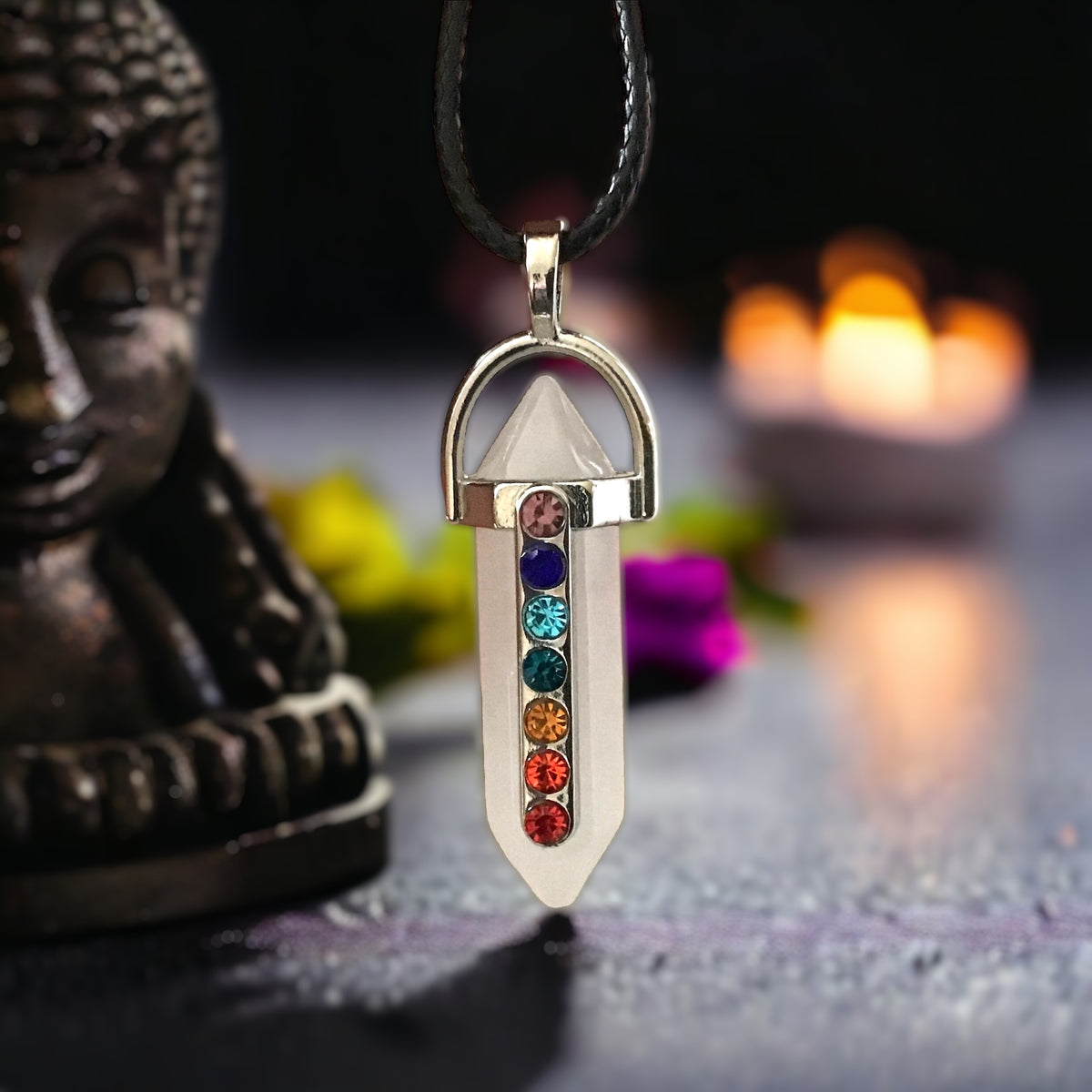 Anhänger Hexagon weiss mit 45 cm Kordelkette - CHAKRA - 50x8x8 mm - 5 Gramm