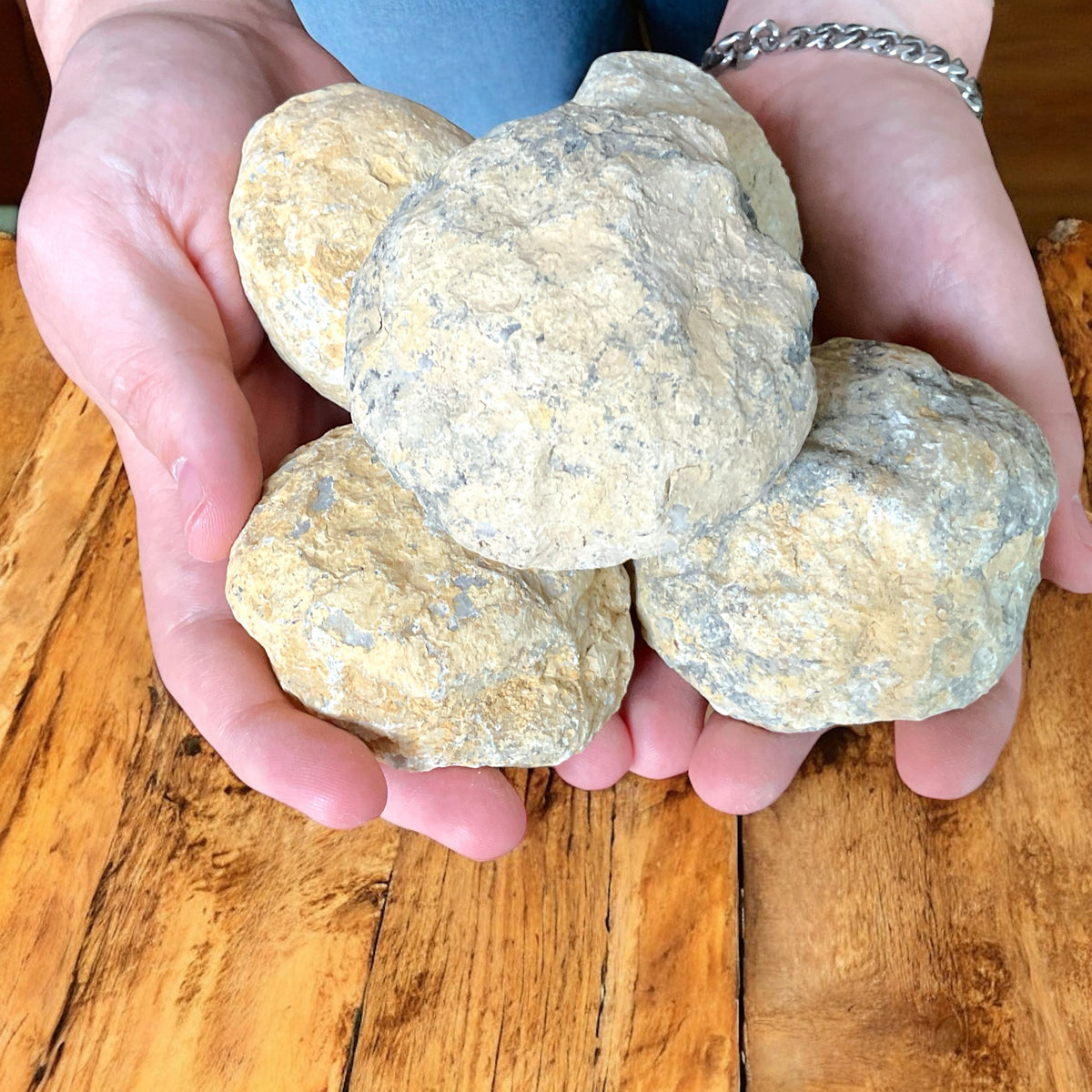 Grosses fünfteiliges Geoden Sparset in Tennisballgröße, je 6-7 cm - mit Anleitung zum aufbrechen und Beschreibung der Geoden - insgesamt 1000-1200 Gramm