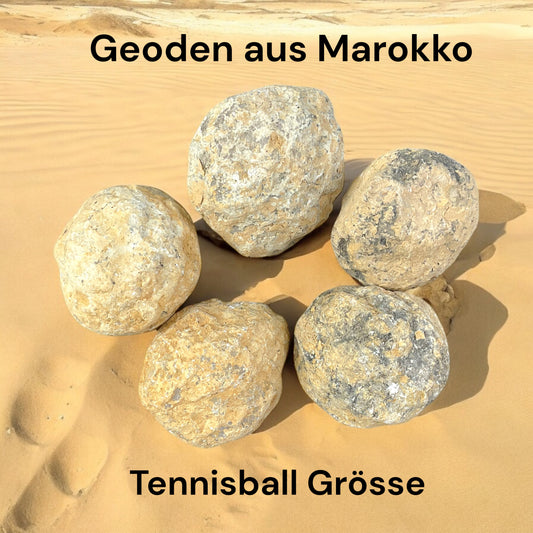 Grosses fünfteiliges Geoden Sparset in Tennisballgröße, je 6-7 cm - mit Anleitung zum aufbrechen und Beschreibung der Geoden - insgesamt 1000-1200 Gramm