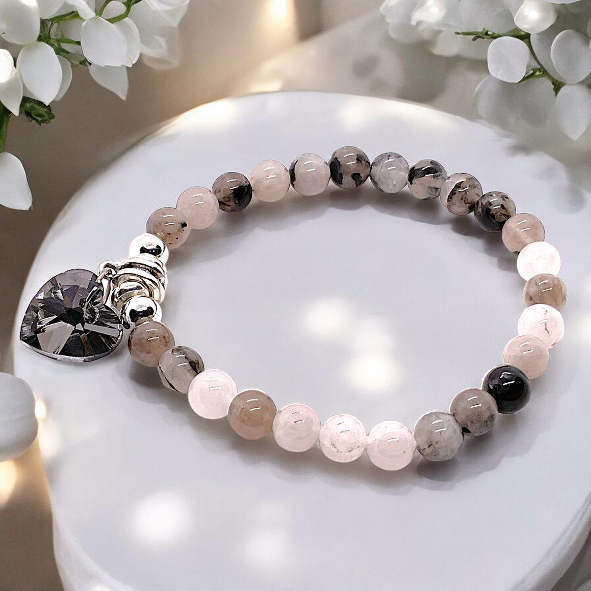 Steinfixx® - Bezauberndes Turmalinquarz Perlen Armband 6mm mit Glitzerherz, 925 Silberperlen, Edelsteinarmband - inclusive edler Geschenkbox - Handmade