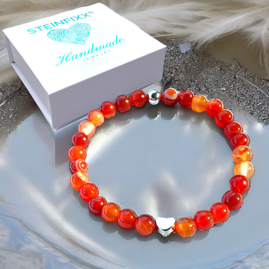 Steinfixx® - Carneol Perlenarmband handgemacht mit 925 Silber Perle und versilbertem Herzchen - KRAFTSTEIN - Hochwertiges Edelsteinarmband Armband für Damen & Herren