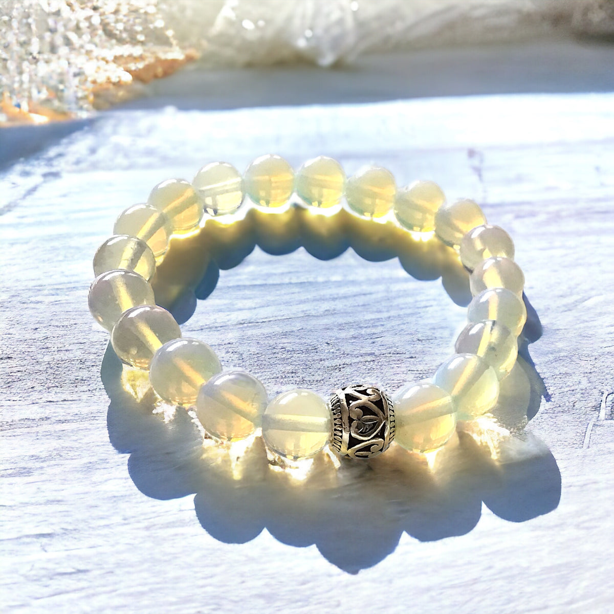Perlenarmband Opalith 10 mm mit Vintage Perle - Edelsteinarmband - Handmade - inclusive edler Geschenkbox