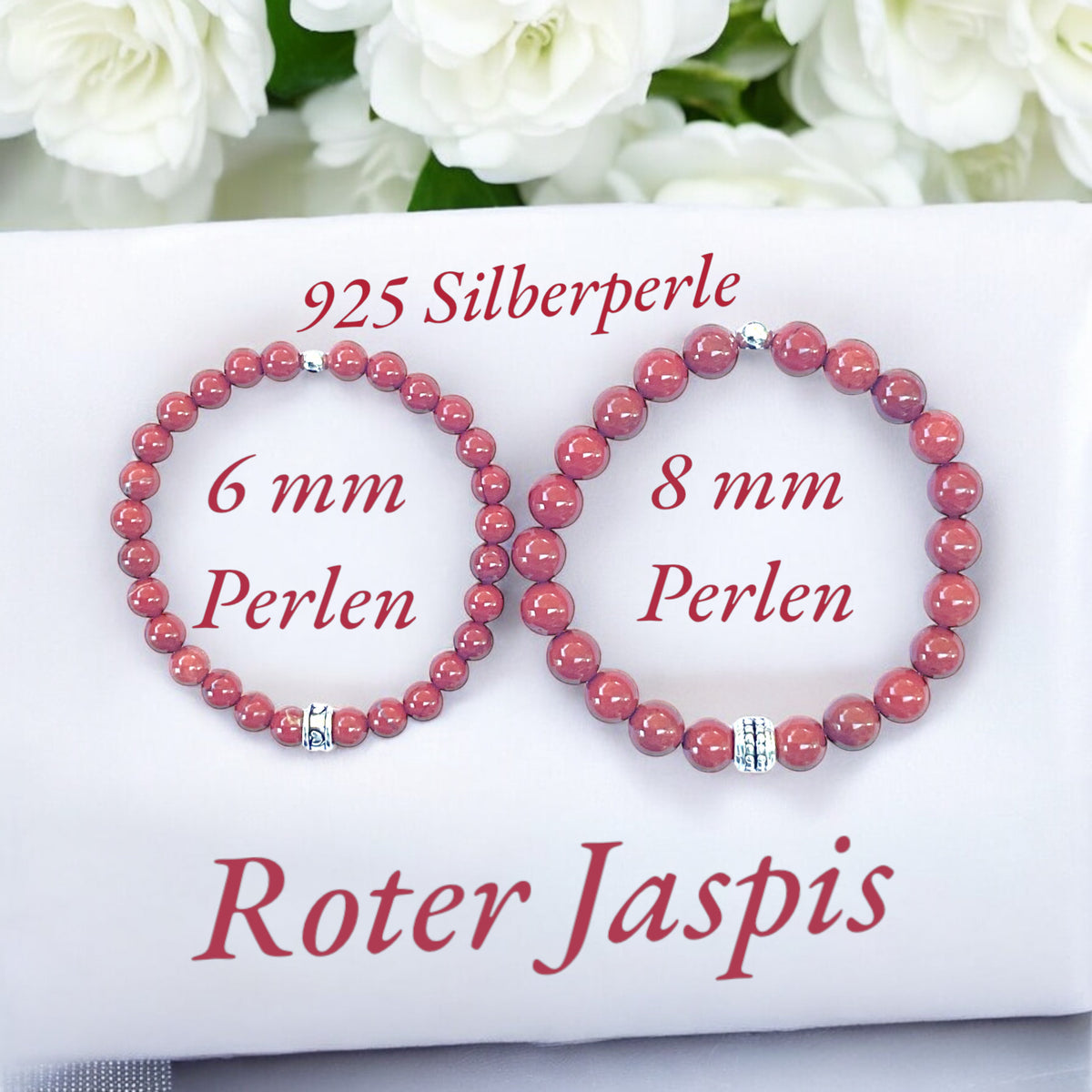 Perlenarmband aus rotem Jaspis - Hochwertiges Edelsteinarmband mit 925 Silberperle und Vintage Perle  - handgefertigt - in Geschenkbox -Lebensfreude