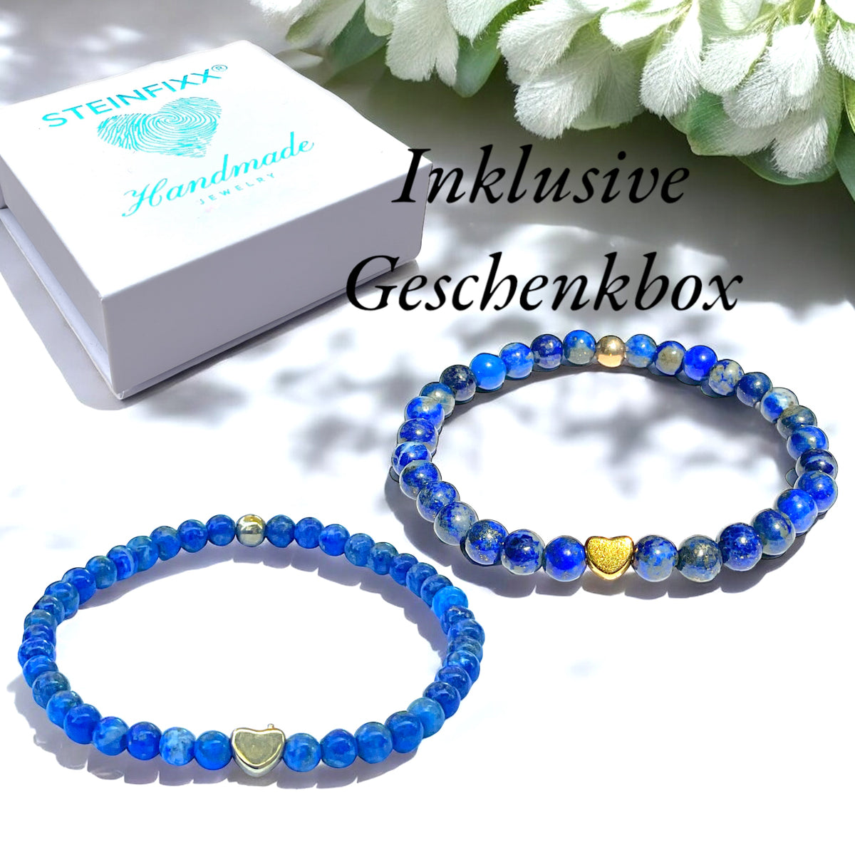 Elegantes Lapislazuli Perlenarmband - Hochwertiges Edelsteinarmband mit vergoldeter Perle und entzückendem Herzchen - Handmade - in Geschenkbox - Stein der Könige