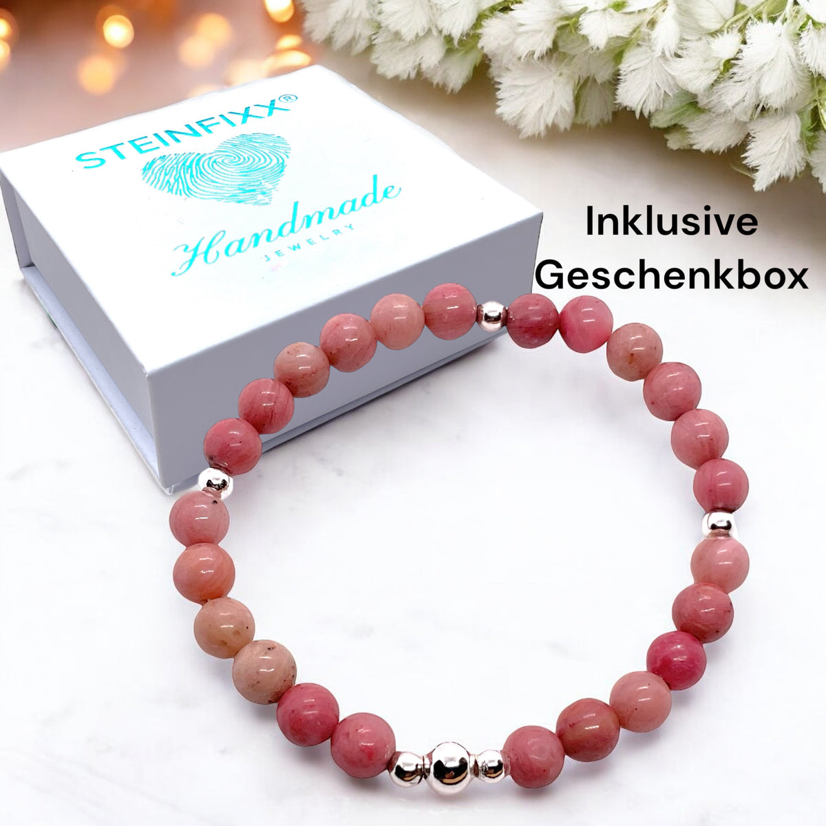 Rhodonit Edelstein Perlen Armband  *Seelentröster*  - mit 925 Silberperlen in Steinfixx Geschenkbox - Handmade