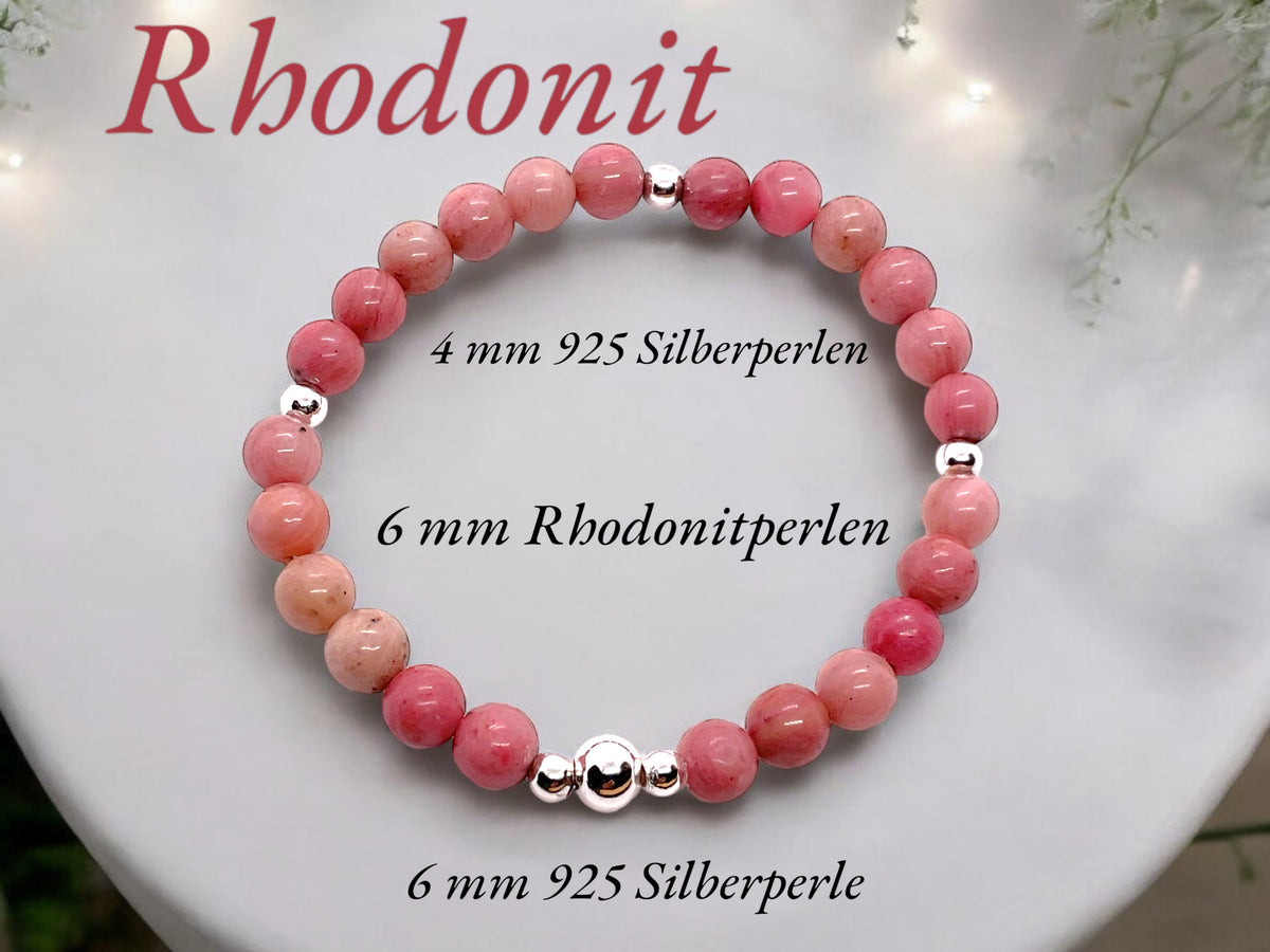 Rhodonit Edelstein Perlen Armband  *Seelentröster*  - mit 925 Silberperlen in Steinfixx Geschenkbox - Handmade
