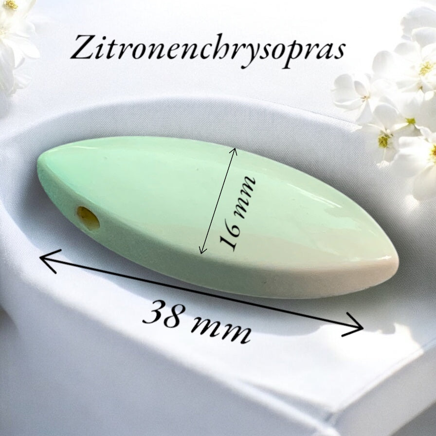Zitronenchrysopras Tropfenanhänger – Navette-Schiffchenform – AAA-Qualität – Brasilien – 80 cm Wildlederband & Geschenkverpackung