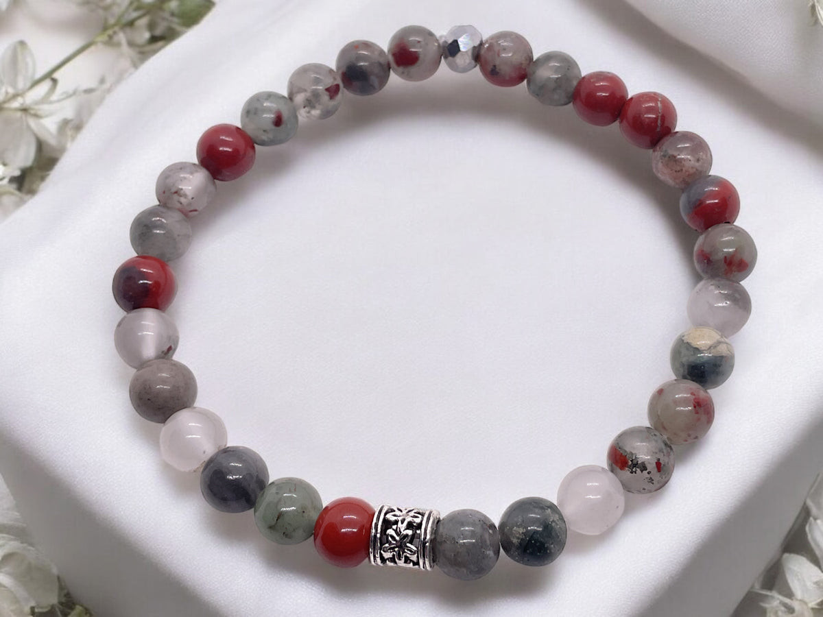 Perlenarmband aus afrikanischem Blutstein - Drachenblutstein - Hochwertiges Edelsteinarmband mit Vintage Perle und platinierter facettierter Perle - handgefertigt - in Geschenkbox - Vitalität und Heiterkeit