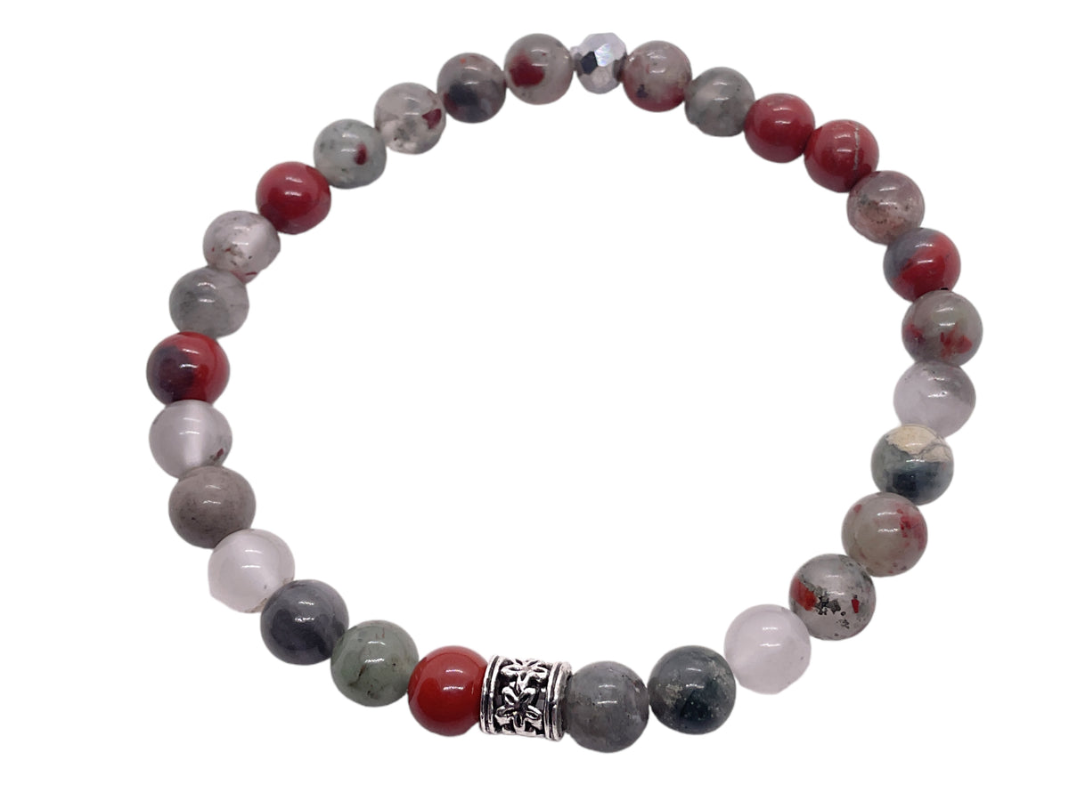 Perlenarmband aus afrikanischem Blutstein - Drachenblutstein - Hochwertiges Edelsteinarmband mit Vintage Perle und platinierter facettierter Perle - handgefertigt - in Geschenkbox - Vitalität und Heiterkeit