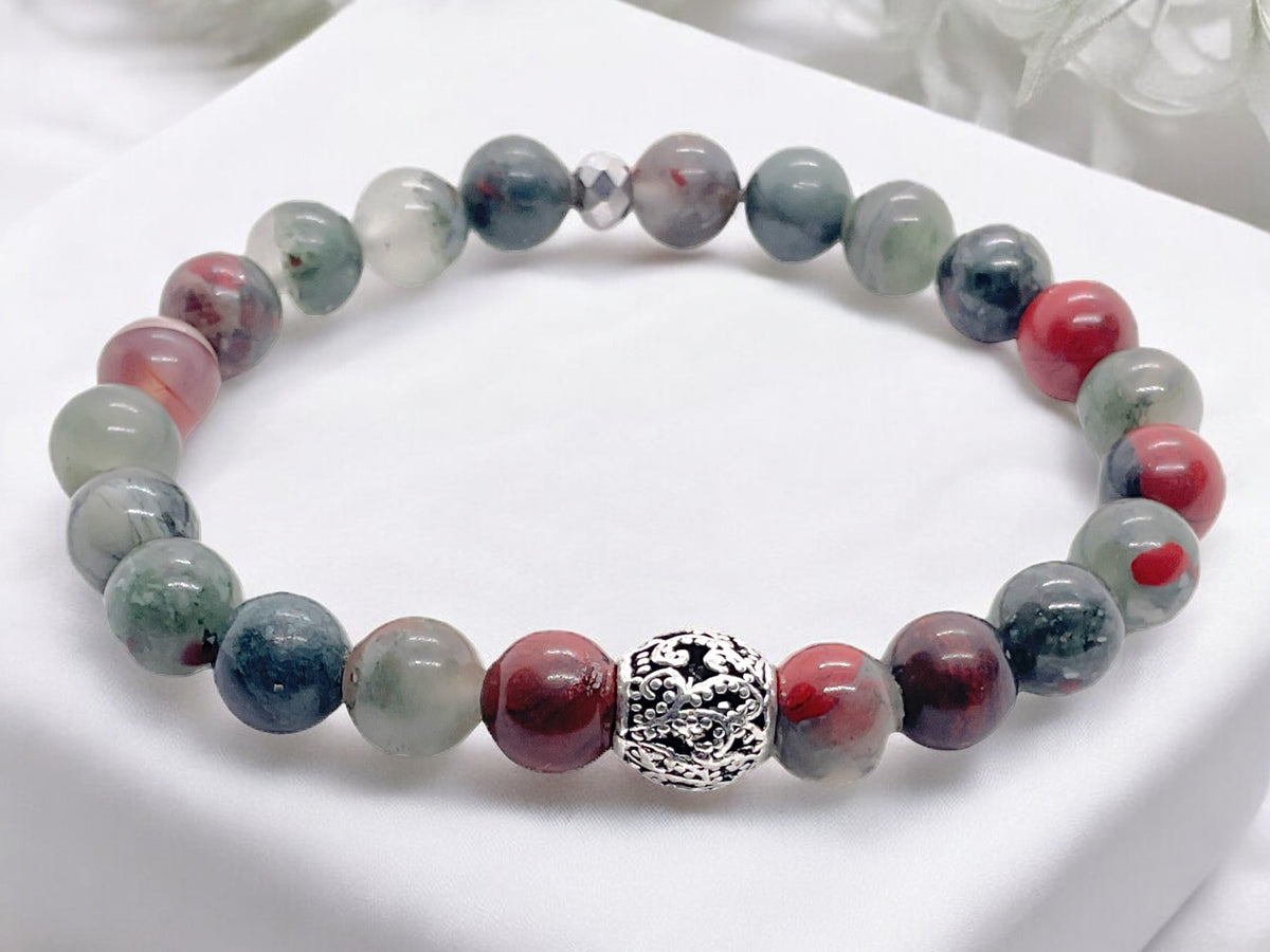 Perlenarmband aus afrikanischem Blutstein - Drachenblutstein - Hochwertiges Edelsteinarmband mit Vintage Perle und platinierter facettierter Perle - handgefertigt - in Geschenkbox - Vitalität und Heiterkeit