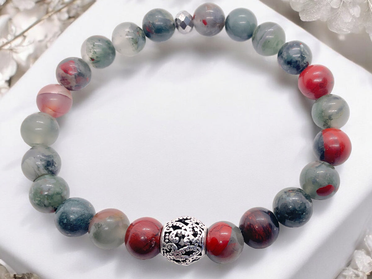 Perlenarmband aus afrikanischem Blutstein - Drachenblutstein - Hochwertiges Edelsteinarmband mit Vintage Perle und platinierter facettierter Perle - handgefertigt - in Geschenkbox - Vitalität und Heiterkeit