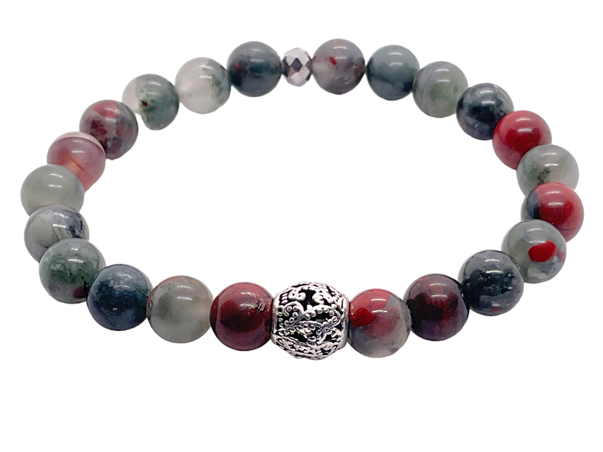 Perlenarmband aus afrikanischem Blutstein - Drachenblutstein - Hochwertiges Edelsteinarmband mit Vintage Perle und platinierter facettierter Perle - handgefertigt - in Geschenkbox - Vitalität und Heiterkeit