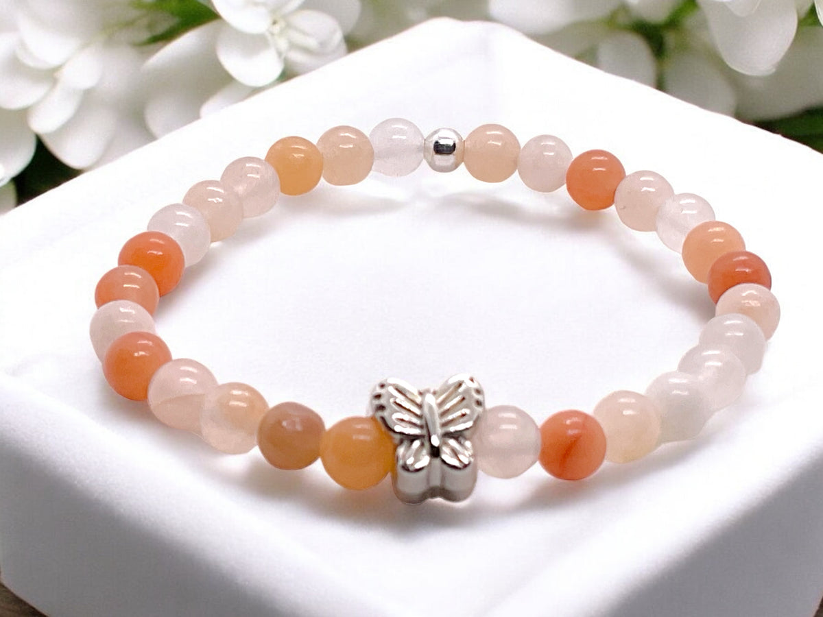Steinfixx® - Aventurin rot - pink Perlenarmband Handmade mit 925 Silberperle und Schmetterling - inclusive edler Geschenkbox - Blutdruck und Cholesterin