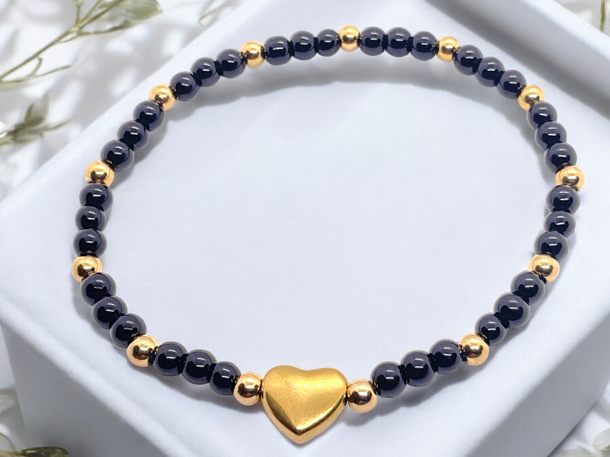 Obsidian Perlenarmband mit Messingherz und Messingperlen - Hochwertiges Edelsteinarmband handgefertigt inclusive edler Geschenkbox und Edelsteinkarte