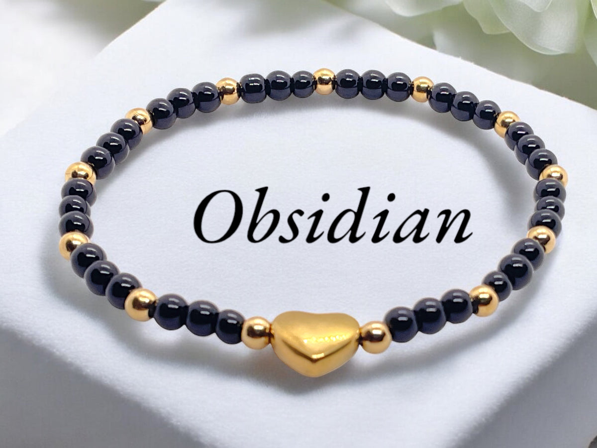 Obsidian Perlenarmband mit Messingherz und Messingperlen - Hochwertiges Edelsteinarmband handgefertigt inclusive edler Geschenkbox und Edelsteinkarte