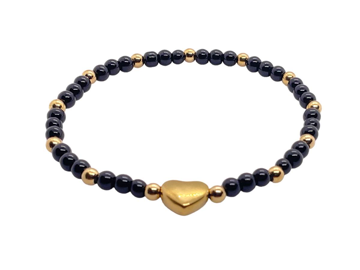 Obsidian Perlenarmband mit Messingherz und Messingperlen - Hochwertiges Edelsteinarmband handgefertigt inclusive edler Geschenkbox und Edelsteinkarte
