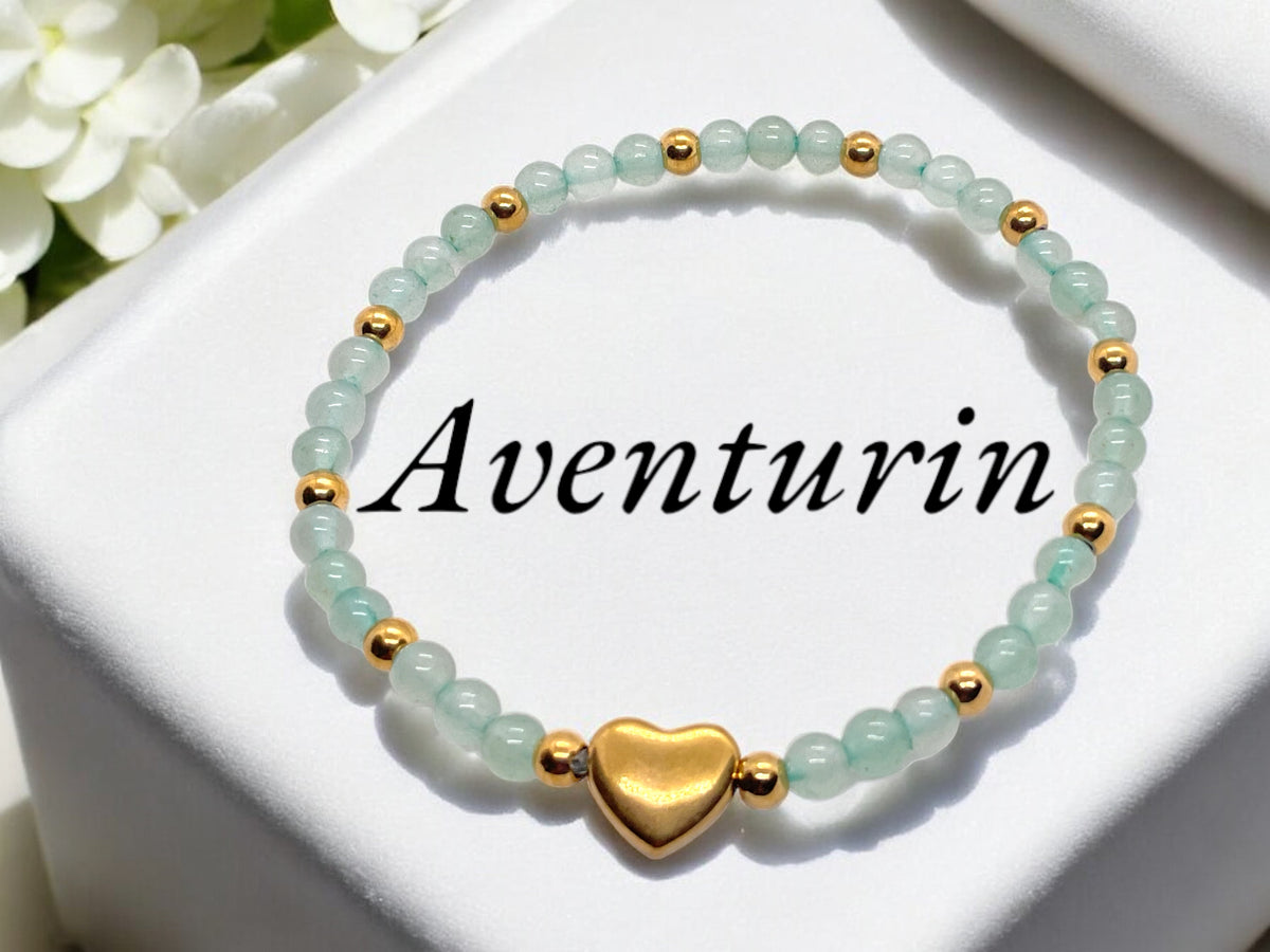 Steinfixx® - Grüner Aventurin Perlenarmband mit Messingherz und Messingperlen - Hochwertiges Edelsteinarmband handgefertigt inclusive edler Geschenkbox und Edelsteinkarte