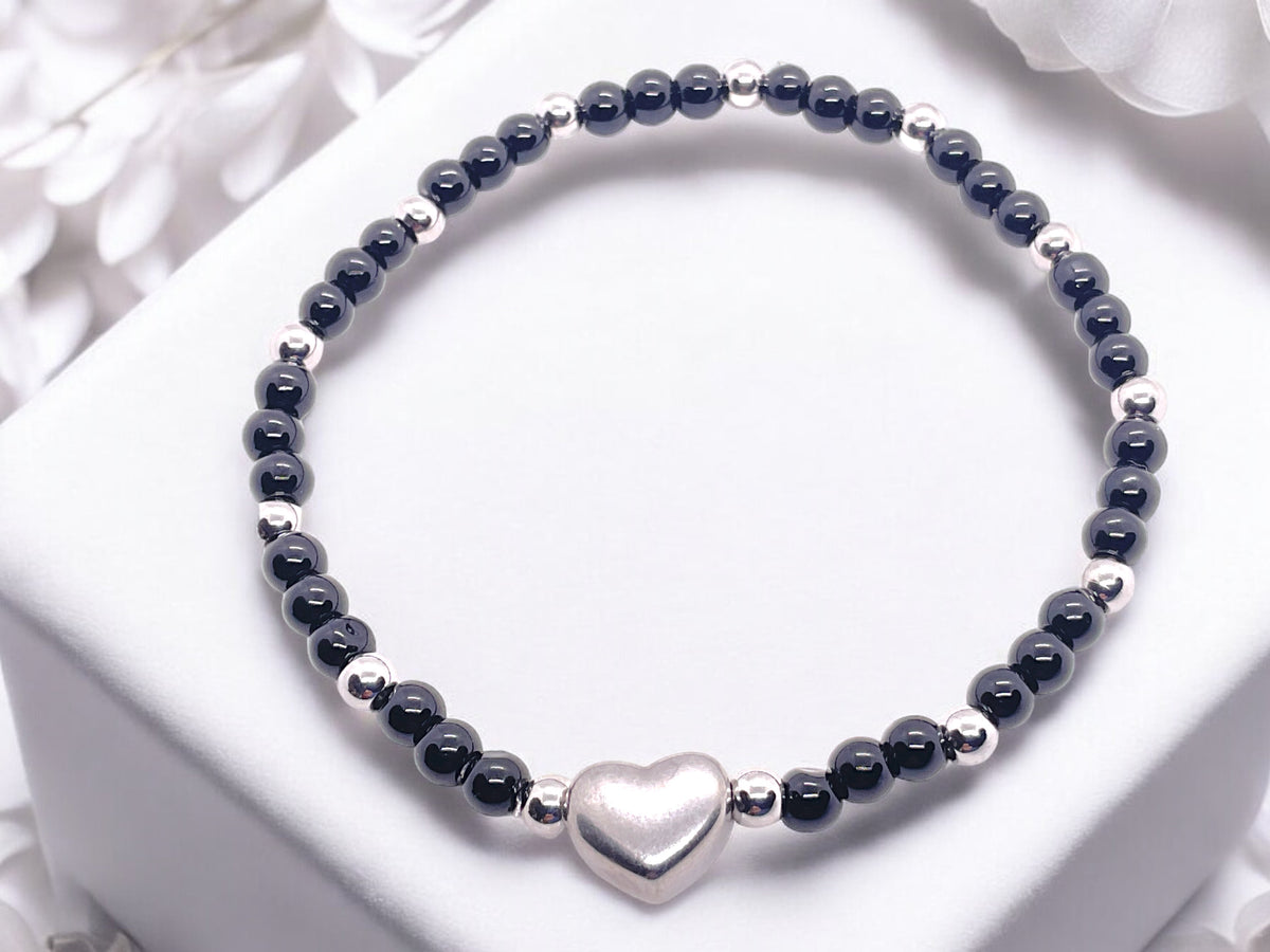 Obsidian Perlenarmband mit Edelstahlherz und Edelstahlperlen - Hochwertiges Edelsteinarmband handgefertigt inclusive edler Geschenkbox und Edelsteinkarte
