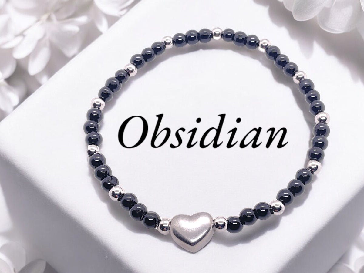 Obsidian Perlenarmband mit Edelstahlherz und Edelstahlperlen - Hochwertiges Edelsteinarmband handgefertigt inclusive edler Geschenkbox und Edelsteinkarte