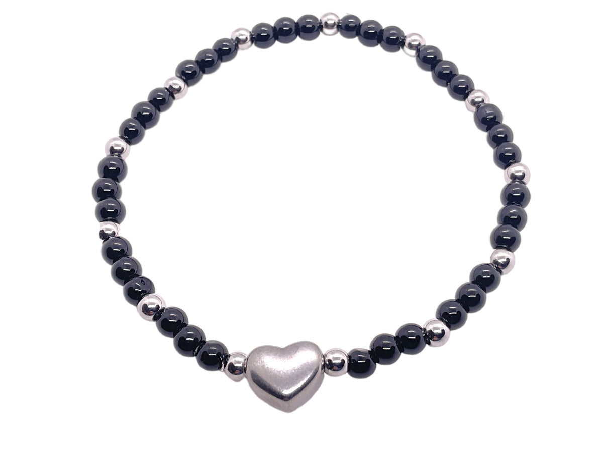 Obsidian Perlenarmband mit Edelstahlherz und Edelstahlperlen - Hochwertiges Edelsteinarmband handgefertigt inclusive edler Geschenkbox und Edelsteinkarte