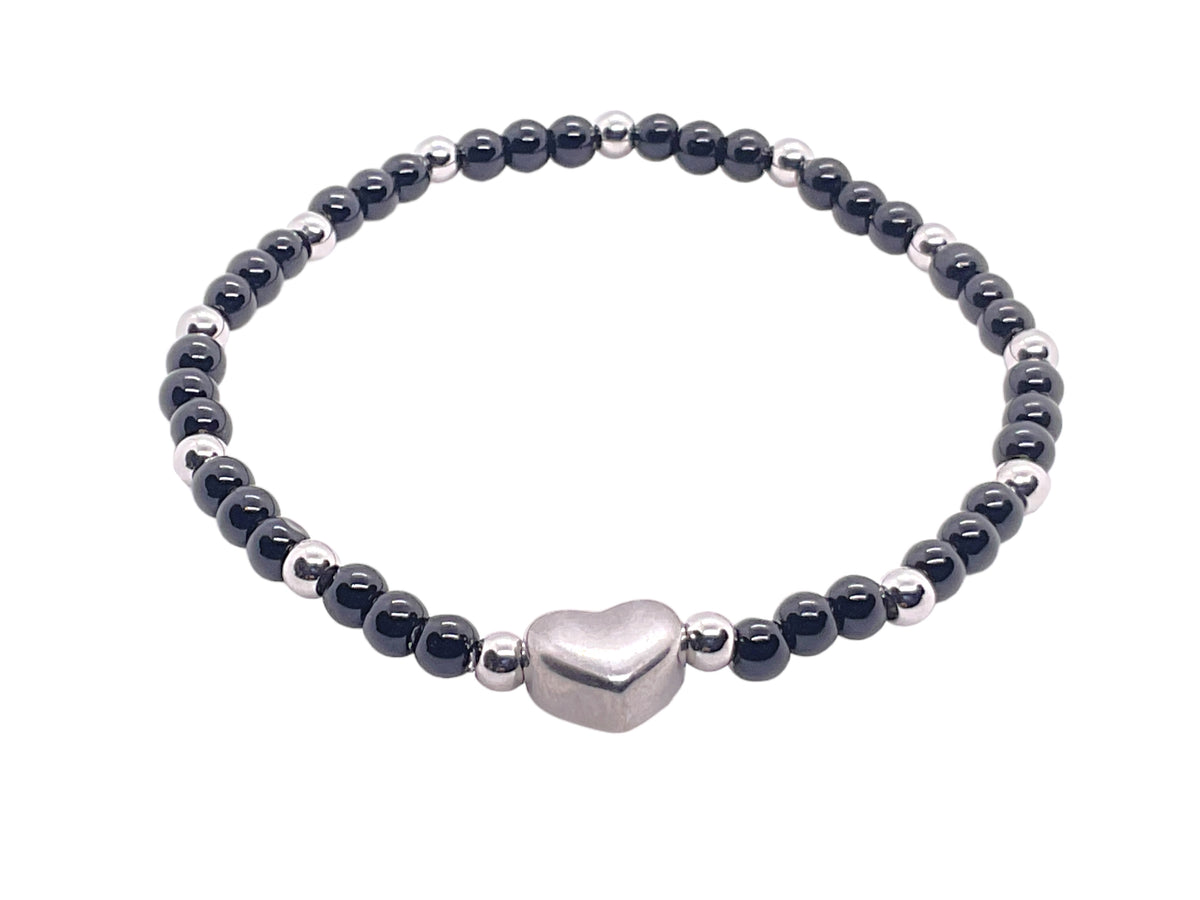 Obsidian Perlenarmband mit Edelstahlherz und Edelstahlperlen - Hochwertiges Edelsteinarmband handgefertigt inclusive edler Geschenkbox und Edelsteinkarte