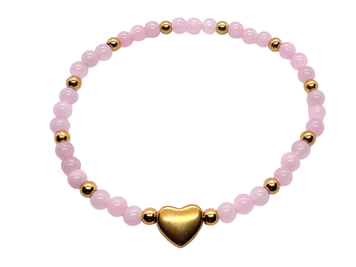 Steinfixx® - Rosenquarz Perlenarmband mit Messingherz und Messingperlen - Hochwertiges Edelsteinarmband handgefertigt inclusive edler Geschenkbox und Edelsteinkarte