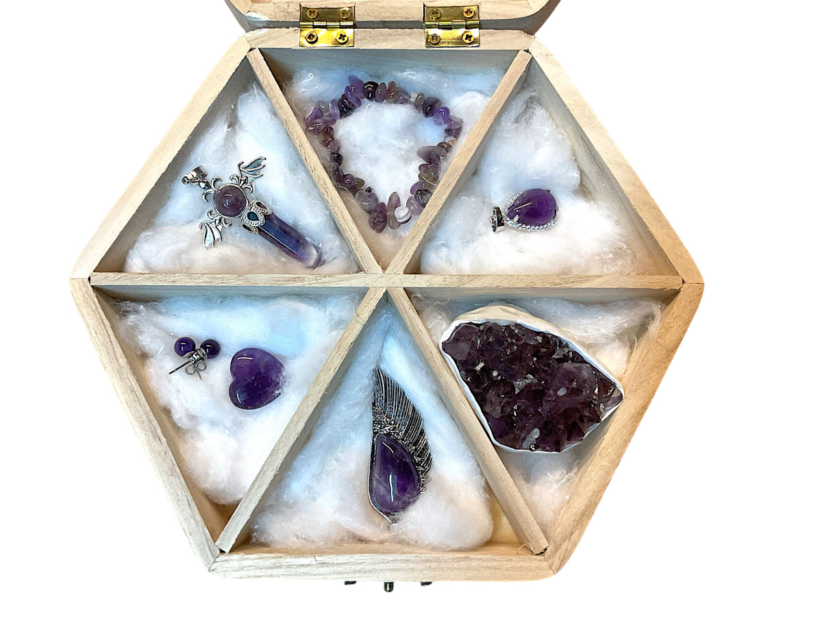 Geschenkset Amethyst in Echtholzkiste 7 Teile im Sparset I Brasilien