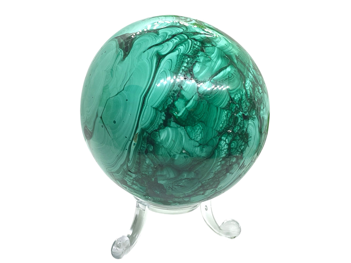 Malachit Kugel aus dem Kongo – 680 g – Ø 7 cm – natürliche Bänderung – mit Acrylständer – Sammlerstück – Unikat S3018