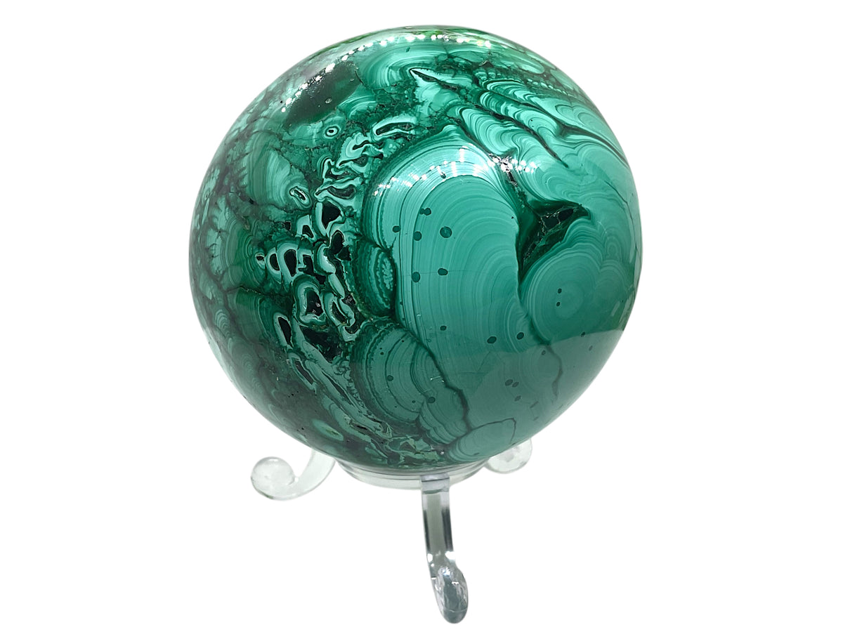 Malachit Kugel aus dem Kongo – 680 g – Ø 7 cm – natürliche Bänderung – mit Acrylständer – Sammlerstück – Unikat S3018