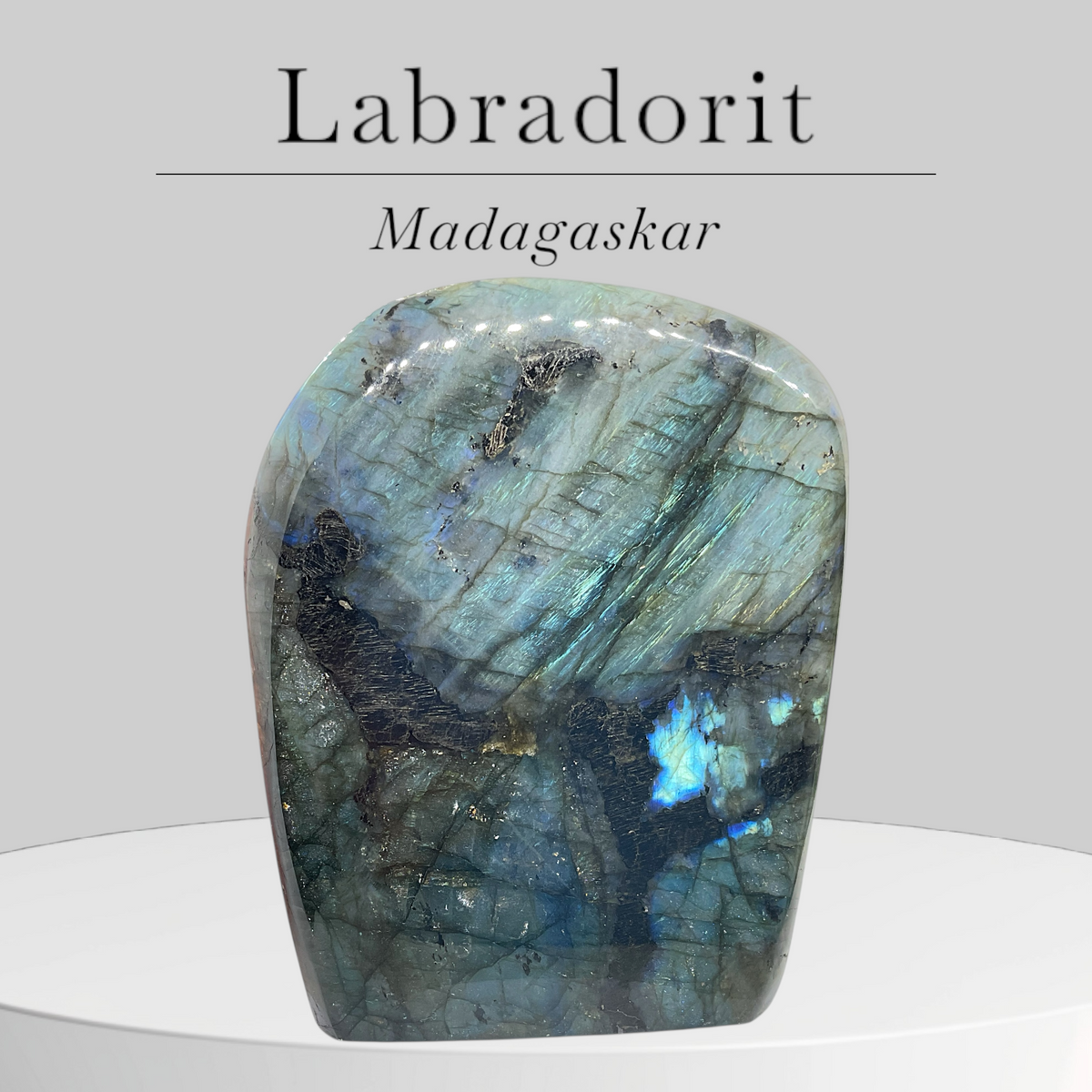 Labradorit Freeform I hochglanzpoliert I 11x4,5x14cm I 1425 gr. I Highlight für jeden Raum I Unikat-Masterpiece 1523 I AAA-Qualität I Sammlerstück I Madagaskar