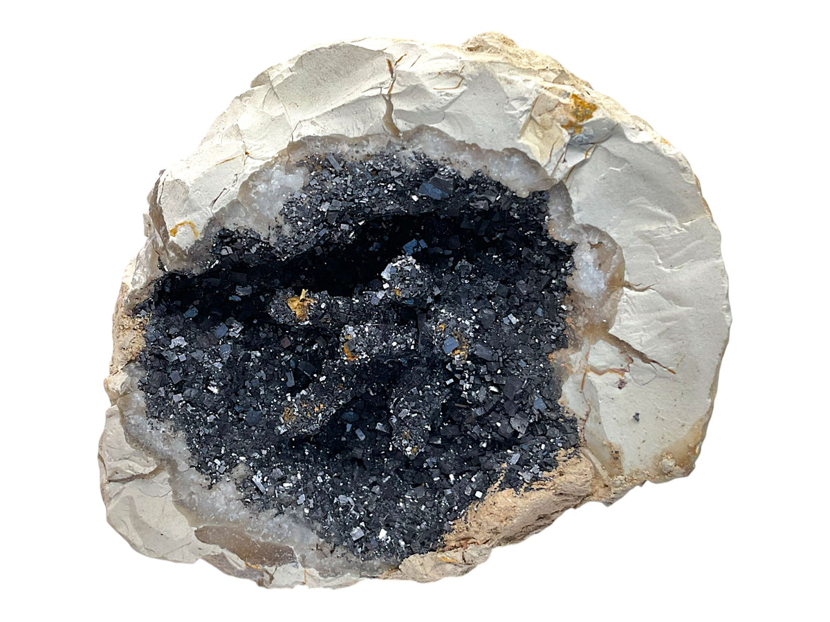 Naturgeode mit schwarzen Kristallen auf Quarz/Chalcedon – Marokko – 322 g – 7 × 8 cm – Sammlerstück – Unikat-Masterpiece Nr. 1712