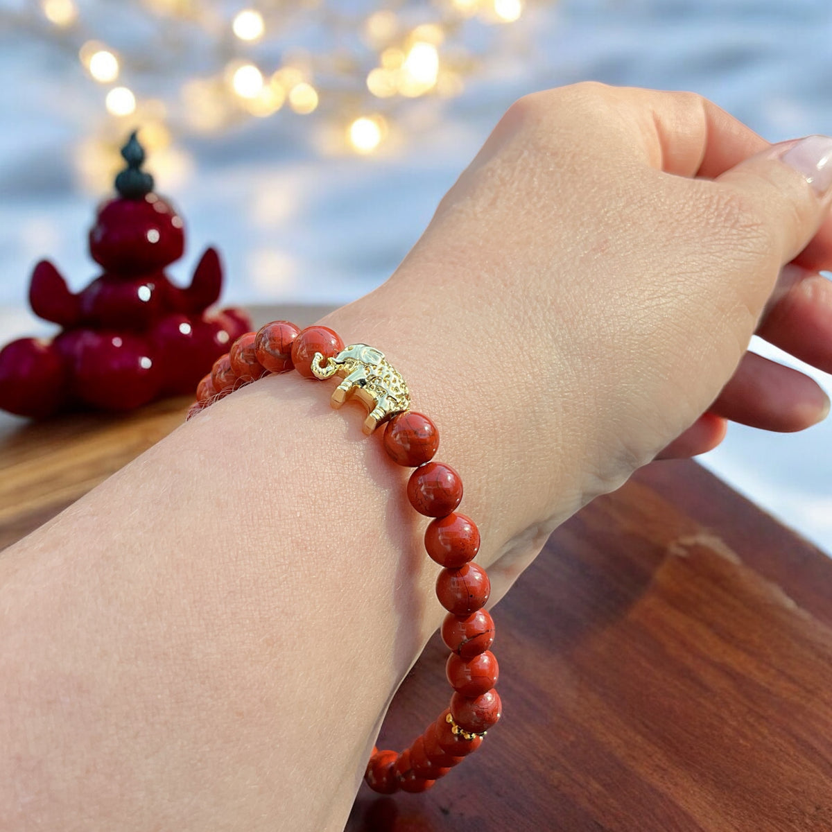 Jaspis Edelstein Perlenarmband "Elefant" 6 mm mit 14k vergoldeter Edelstahlperle - Reichtum Erfolg und Glück - Handmade - inclusive edler Geschenkbox