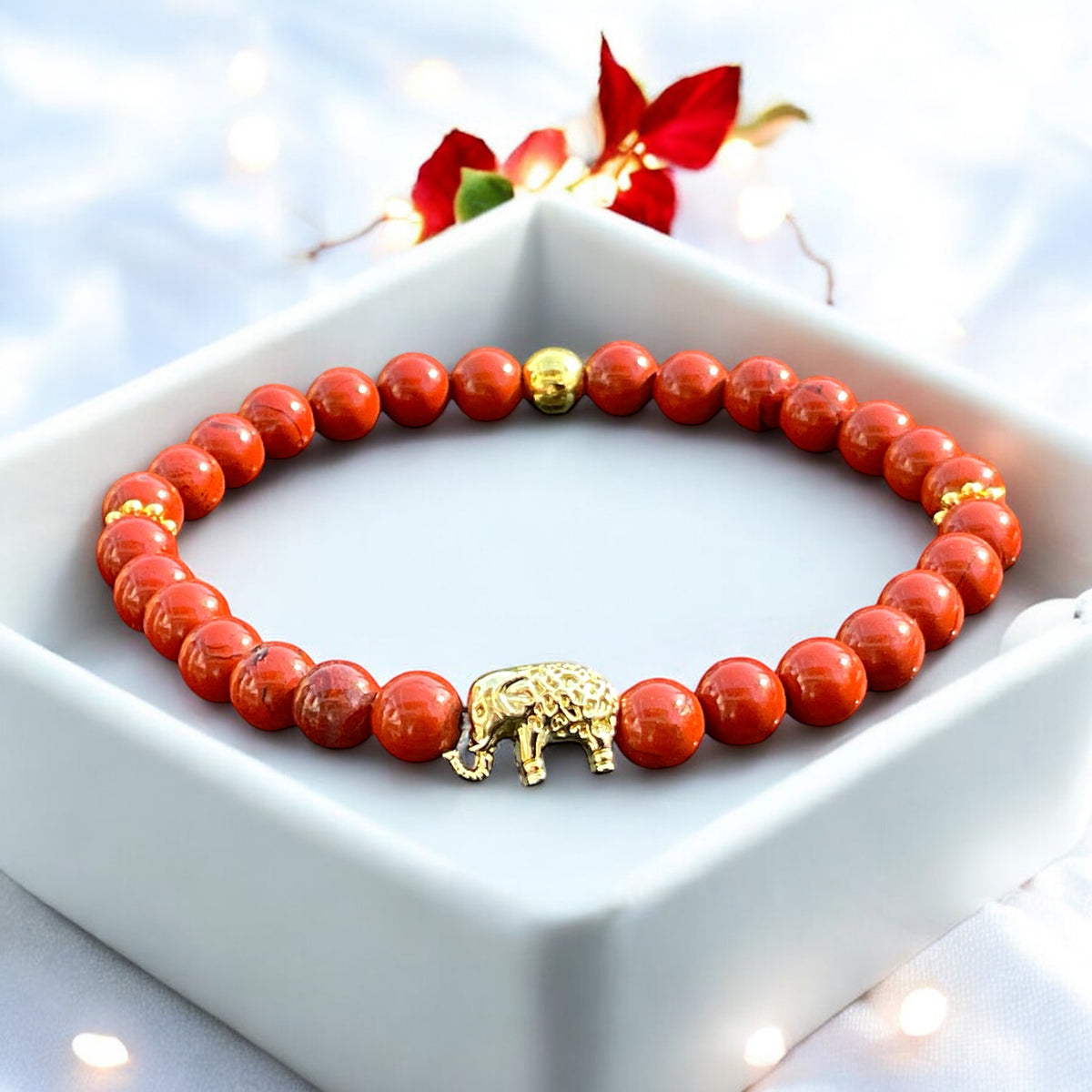 Jaspis Edelstein Perlenarmband "Elefant" 6 mm mit 14k vergoldeter Edelstahlperle - Reichtum Erfolg und Glück - Handmade - inclusive edler Geschenkbox