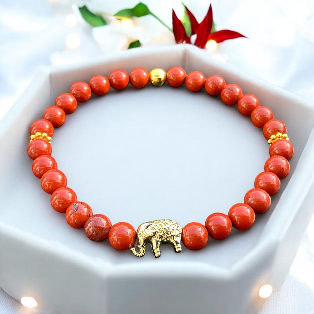 Jaspis Edelstein Perlenarmband "Elefant" 6 mm mit 14k vergoldeter Edelstahlperle - Reichtum Erfolg und Glück - Handmade - inclusive edler Geschenkbox