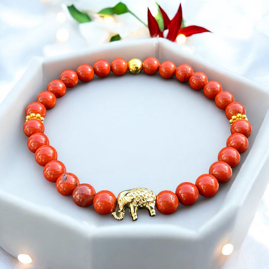Jaspis Edelstein Perlenarmband "Elefant" 6 mm mit 14k vergoldeter Edelstahlperle - Reichtum Erfolg und Glück - Handmade - inclusive edler Geschenkbox