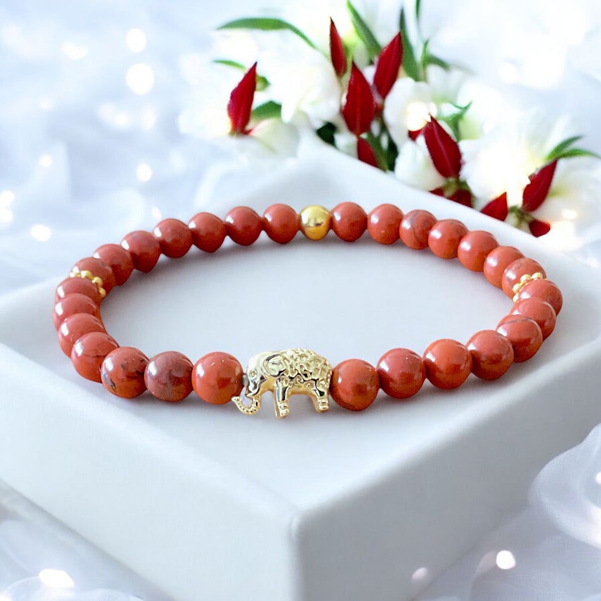 Jaspis Edelstein Perlenarmband "Elefant" 6 mm mit 14k vergoldeter Edelstahlperle - Reichtum Erfolg und Glück - Handmade - inclusive edler Geschenkbox