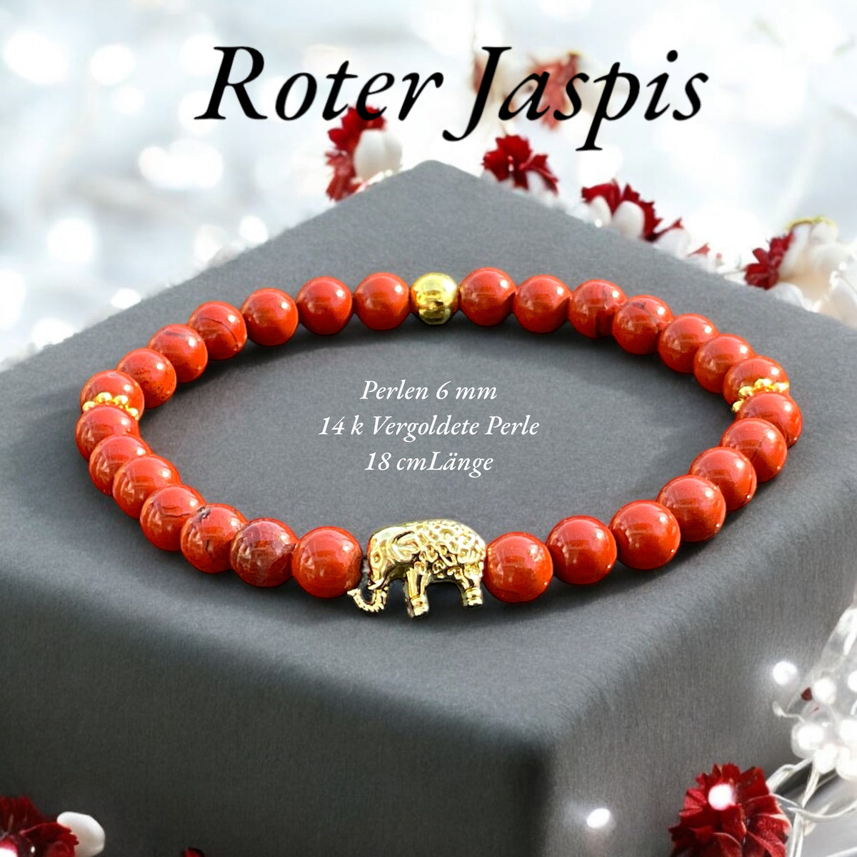 Jaspis Edelstein Perlenarmband "Elefant" 6 mm mit 14k vergoldeter Edelstahlperle - Reichtum Erfolg und Glück - Handmade - inclusive edler Geschenkbox