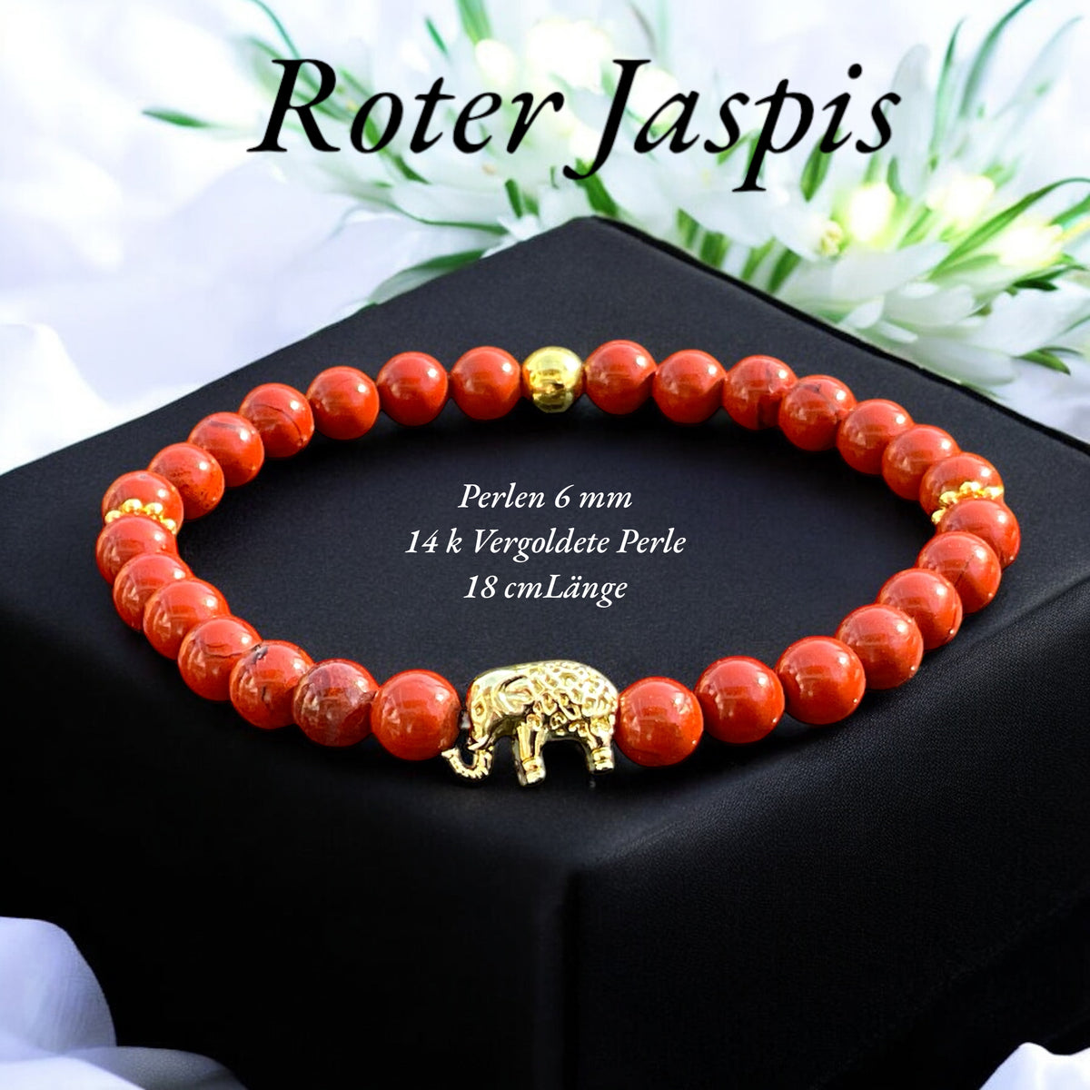 Jaspis Edelstein Perlenarmband "Elefant" 6 mm mit 14k vergoldeter Edelstahlperle - Reichtum Erfolg und Glück - Handmade - inclusive edler Geschenkbox