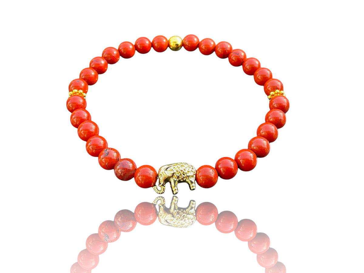 Jaspis Edelstein Perlenarmband "Elefant" 6 mm mit 14k vergoldeter Edelstahlperle - Reichtum Erfolg und Glück - Handmade - inclusive edler Geschenkbox