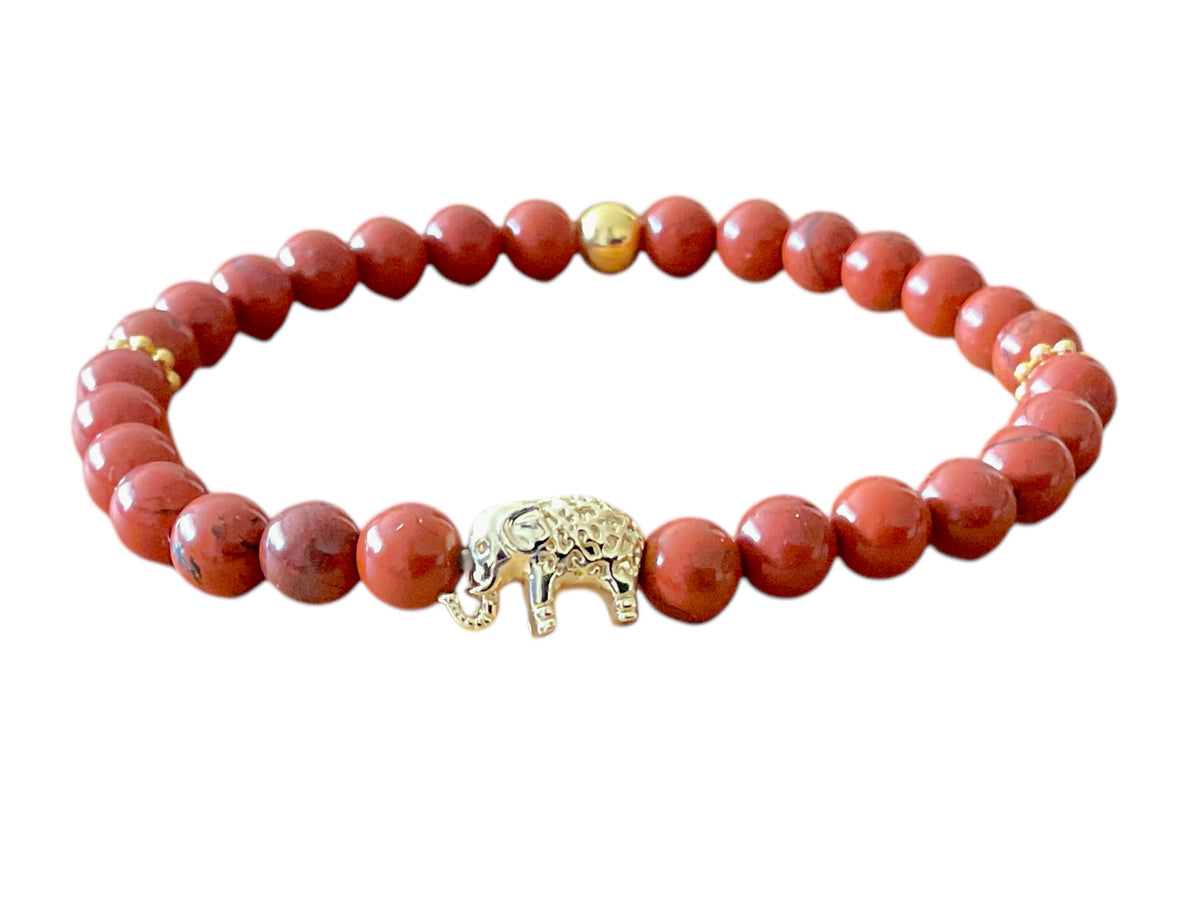Jaspis Edelstein Perlenarmband "Elefant" 6 mm mit 14k vergoldeter Edelstahlperle - Reichtum Erfolg und Glück - Handmade - inclusive edler Geschenkbox