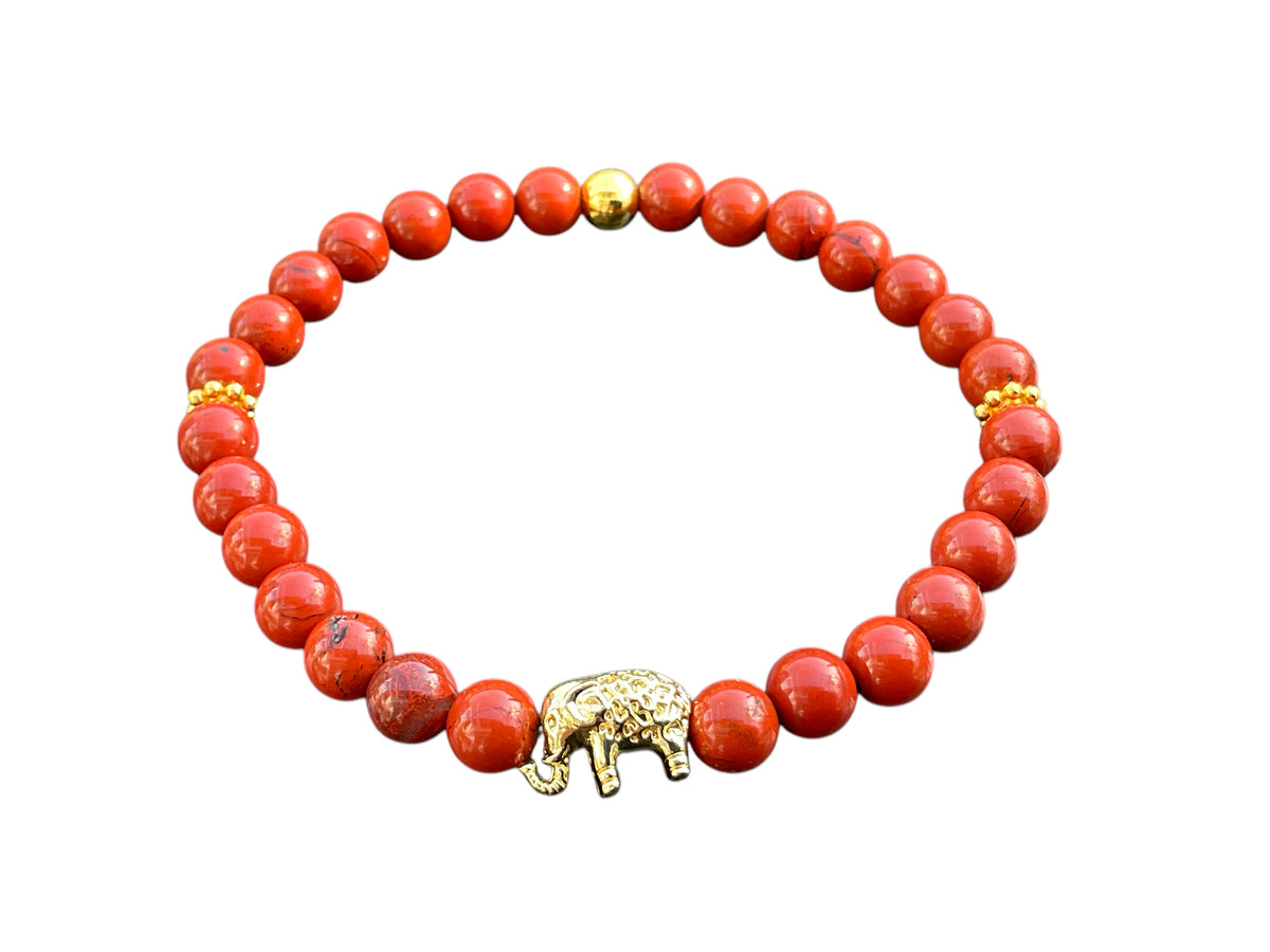 Jaspis Edelstein Perlenarmband "Elefant" 6 mm mit 14k vergoldeter Edelstahlperle - Reichtum Erfolg und Glück - Handmade - inclusive edler Geschenkbox